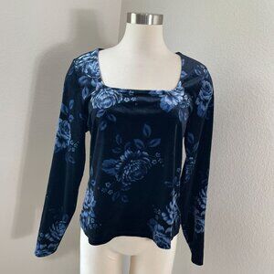 Old Navy Womens XL Blue Floral‎ Velvet Long Sleeve Top Square Neck Shirt
